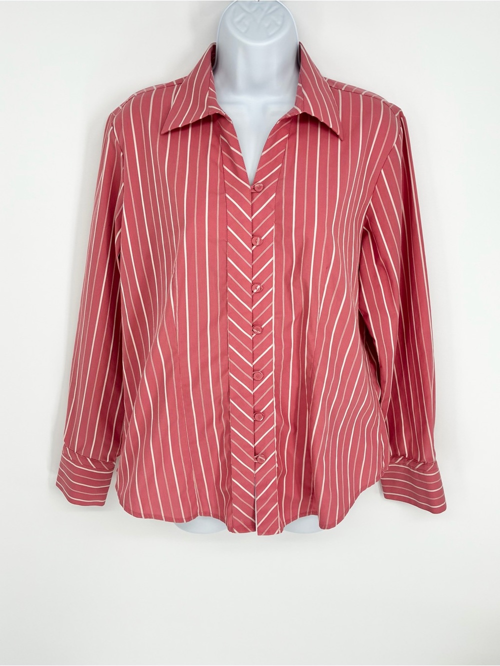 Van Heusen Coral Pink White Stripe Long Sleeve Button Down Shirt Blouse Medium